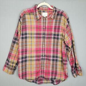 American Eagle Women's L Flannel Plaid Button Up Pink Gold Cabincore Winter Cozy